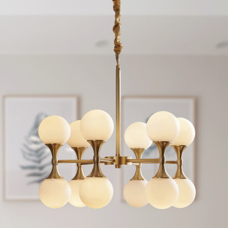 Opal Glass Chandelier Light with 12/16 Brass Globe Heads – Postmodern Ceiling Hanging Lamp