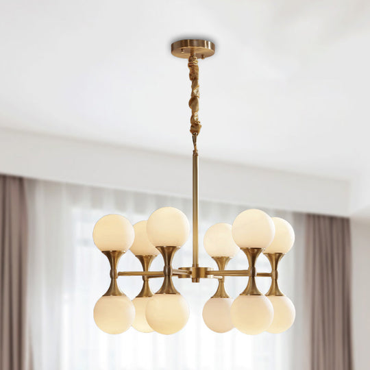 Opal Glass Chandelier Light with 12/16 Brass Globe Heads – Postmodern Ceiling Hanging Lamp