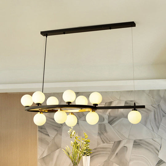 Black Oval Hanging Light Fixture - Nordic Style With 11 Metal Heads And Opal Glass Shade