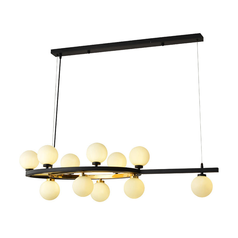 Black Oval Hanging Light Fixture - Nordic Style With 11 Metal Heads And Opal Glass Shade