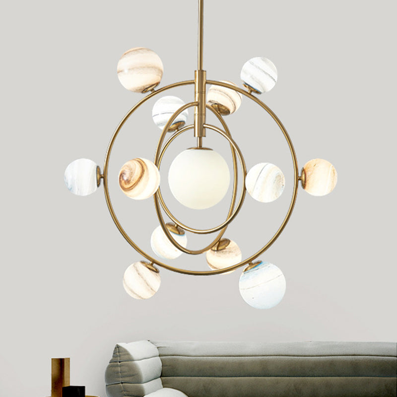 Modern Gold Orbit Chandelier - 13-Light Metal Hanging Lamp With Ball Glass Shade