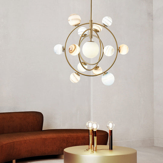 Modern Gold Orbit Chandelier Light Fixture - 13 Lights Metal Hanging Lamp with Glass Shade Kit