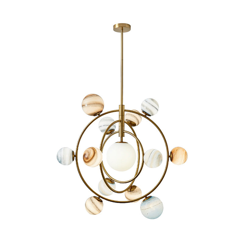 Modern Gold Orbit Chandelier Light Fixture - 13 Lights Metal Hanging Lamp with Glass Shade Kit