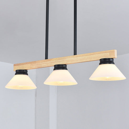 Contemporary Wood Linear Island Ceiling Light - 3 Head Dining Room Hanging Lamp Kit With Gold/Black