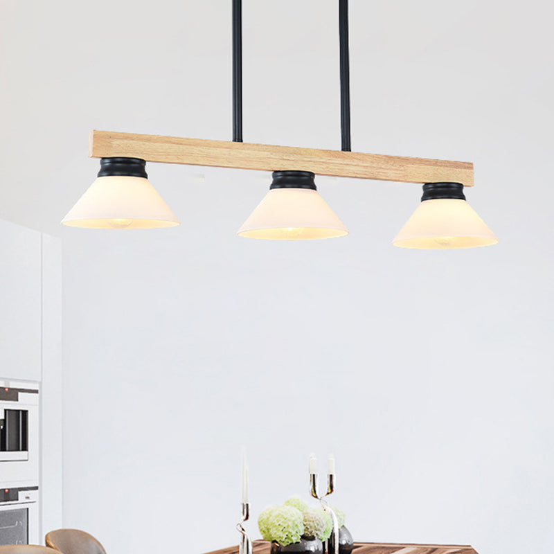 Contemporary Wood Linear Island Ceiling Light - 3 Head Dining Room Hanging Lamp Kit With Gold/Black