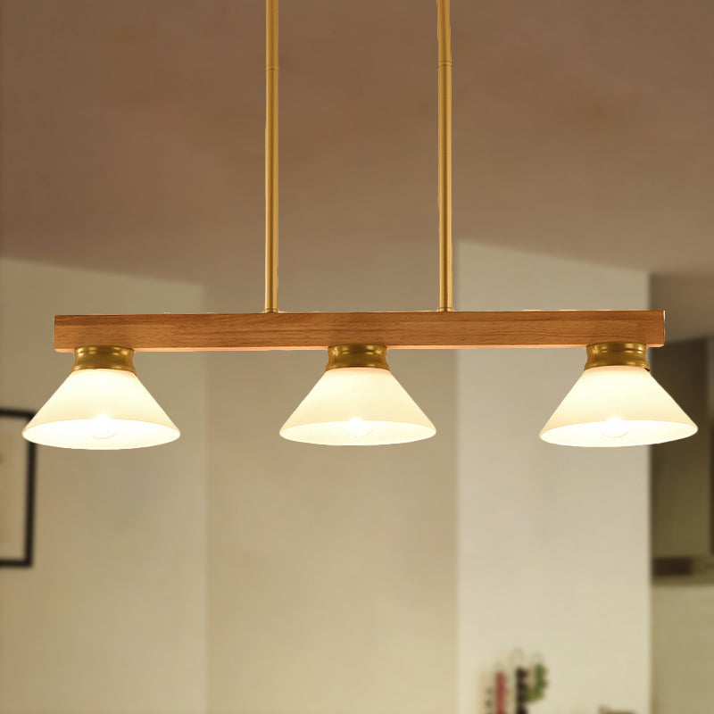 Contemporary Wood Linear Island Ceiling Light - 3 Head Dining Room Hanging Lamp Kit With Gold/Black