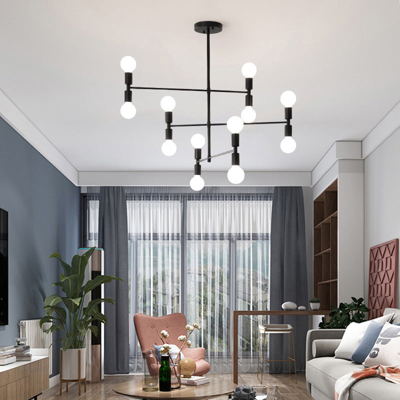 Modern 12-Light Tiered Metal Ceiling Light: Black/Gold Chandelier for Living Room