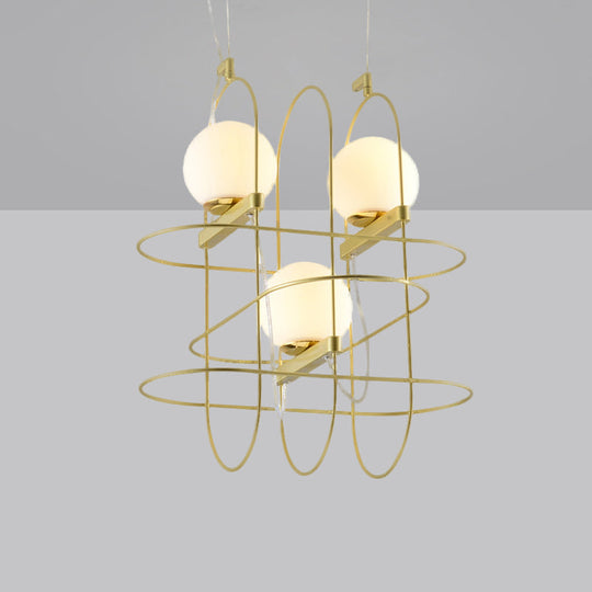 Modern Gold Oval Frame Hanging Ceiling Light - 3-Head Metal Chandelier With Opal Glass Shade