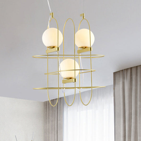 Modern Gold Oval Frame Hanging Ceiling Light - 3-Head Metal Chandelier With Opal Glass Shade