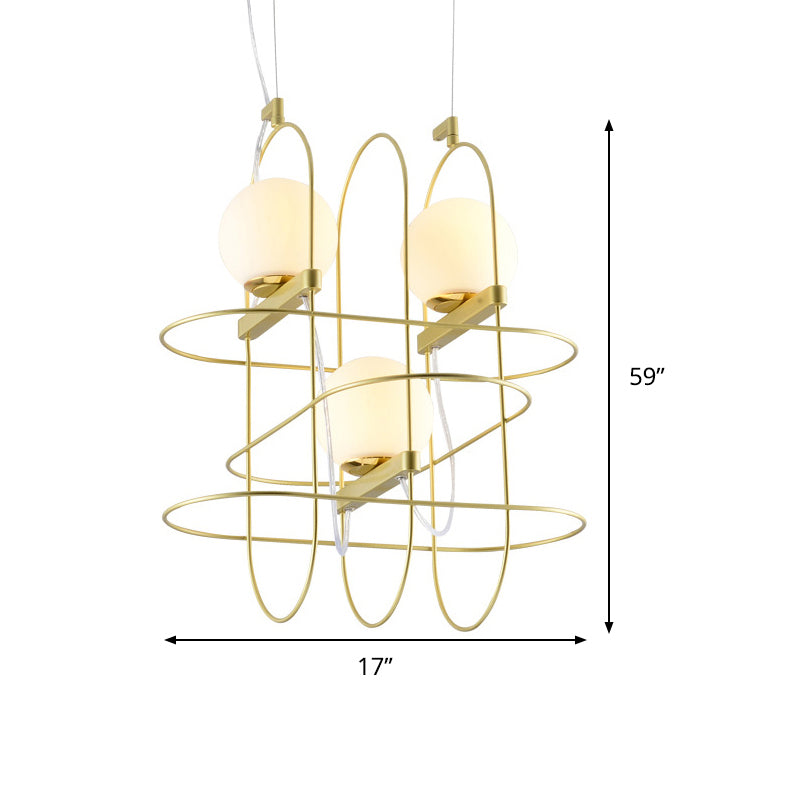 Modern Gold Oval Frame Hanging Ceiling Light - 3-Head Metal Chandelier With Opal Glass Shade