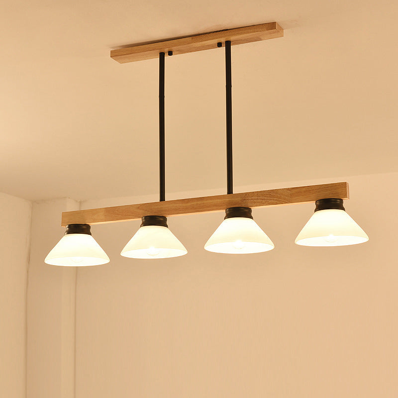 Nordic Linear Wood Hanging Light With 4 Heads And Opal Glass Shade In Gold/Black Finish