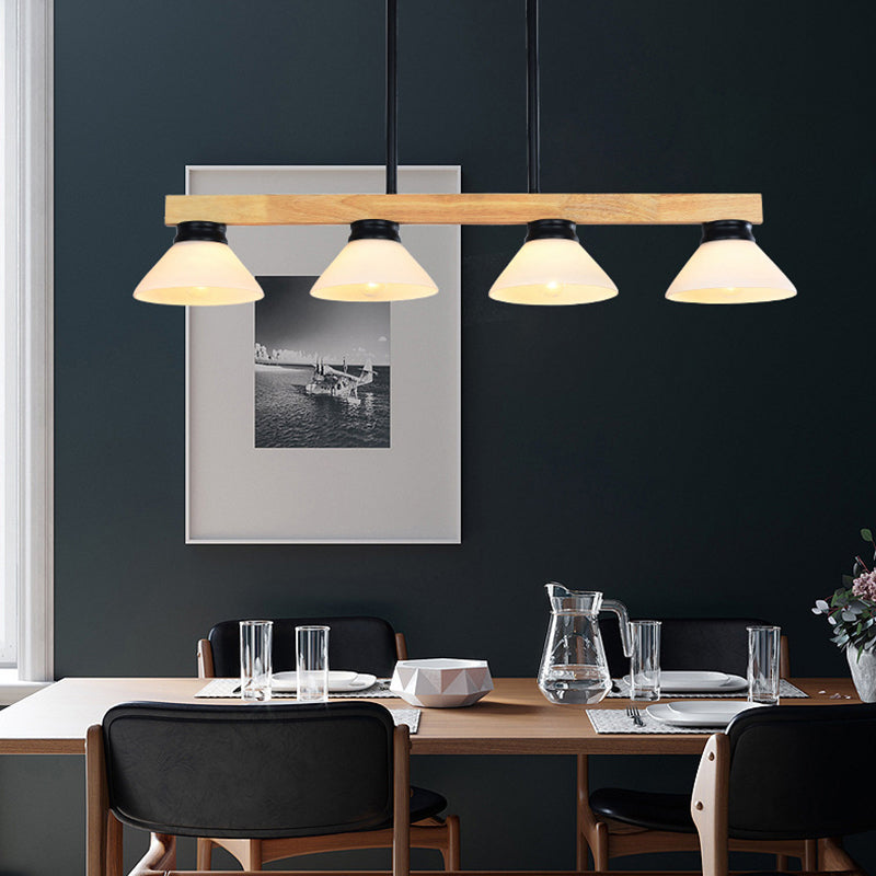 Nordic Linear Wood Hanging Light With 4 Heads And Opal Glass Shade In Gold/Black Finish