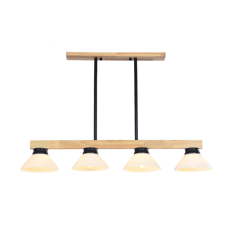 Nordic Linear Wood Hanging Light With 4 Heads And Opal Glass Shade In Gold/Black Finish