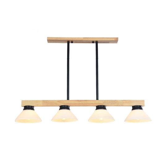 Nordic Linear Wood Hanging Light With 4 Heads And Opal Glass Shade In Gold/Black Finish