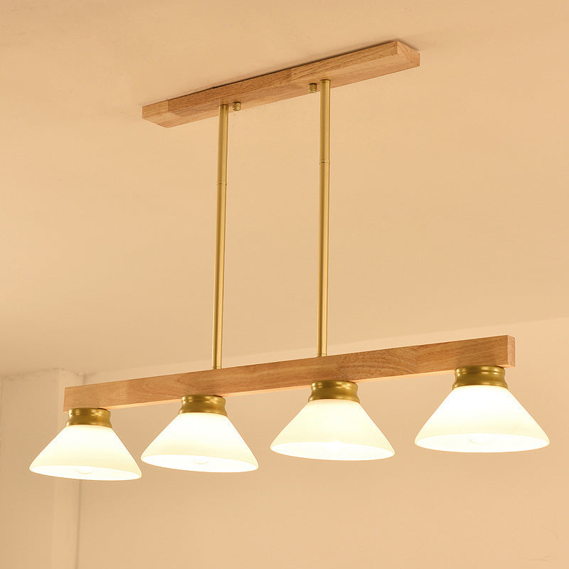 Nordic Linear Wood Hanging Light With 4 Heads And Opal Glass Shade In Gold/Black Finish