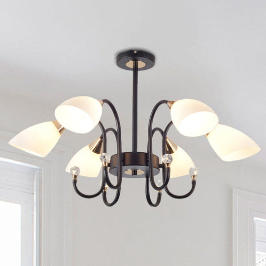 Rustic Black Iron Chandelier with Frosted Glass Shades - Hanging Ceiling Light with Curve Arm - 6/8/10 Heads