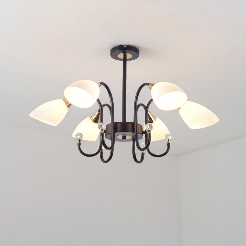 Rustic Black Iron Chandelier with Frosted Glass Shades - Hanging Ceiling Light with Curve Arm - 6/8/10 Heads