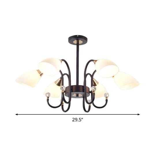 Rustic Black Iron Chandelier Light With Frosted Cone Glass Shades - 6/8/10 Heads Curved Arm Design