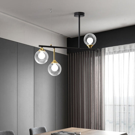 Modern Clear Glass Pendant Light Fixture: 3-Bulb Globe Island Lighting In Black For Dining Room