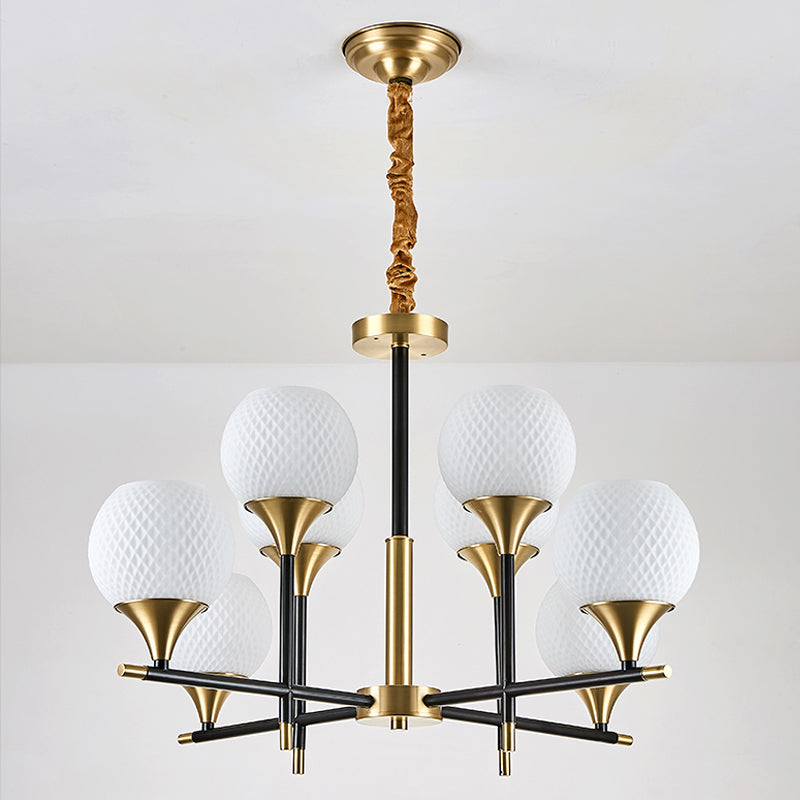 Modern Brass Chandelier With White Glass And 8 Bulbs For Bedroom Lighting