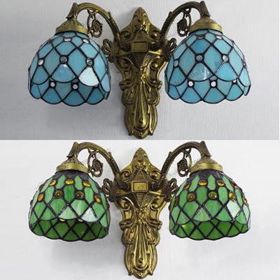 Rustic Loft Sconce Lamp: Bead Wall Lighting With Stained Glass Shade Green/Blue Perfect For