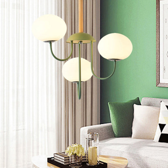 Nordic Style Gray/Green Chandelier Light Fixture with Dome White Glass Shade - 3/5 Lights Living Room Hanging Lamp