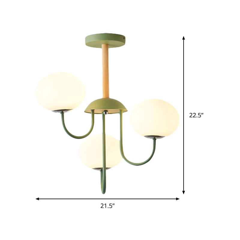 Nordic Style Gray/Green Chandelier Light Fixture with Dome White Glass Shade - 3/5 Lights Living Room Hanging Lamp