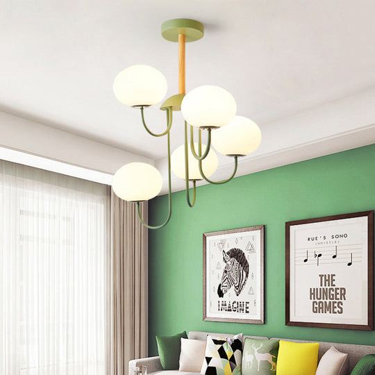 Nordic Style Gray/Green Chandelier Light Fixture with Dome White Glass Shade - 3/5 Lights Living Room Hanging Lamp