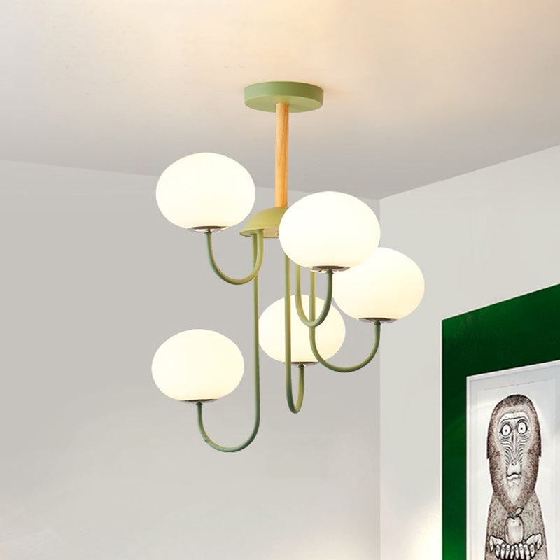 Nordic Style Gray/Green Chandelier With Dome White Glass Shade - 3/5 Lights Living Room Hanging Lamp