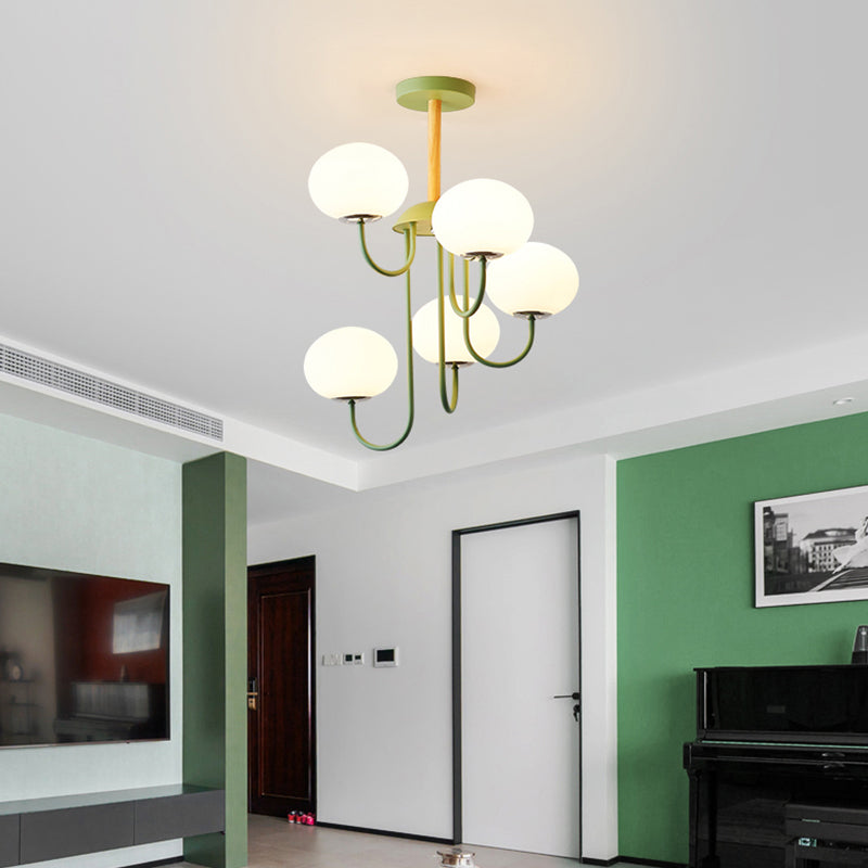 Nordic Style Gray/Green Chandelier With Dome White Glass Shade - 3/5 Lights Living Room Hanging Lamp