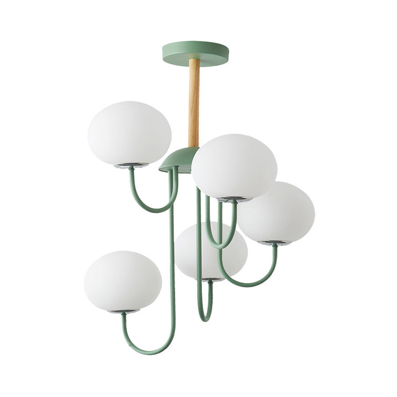 Nordic Style Gray/Green Chandelier Light Fixture with Dome White Glass Shade - 3/5 Lights Living Room Hanging Lamp