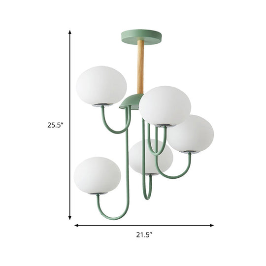 Nordic Style Gray/Green Chandelier Light Fixture with Dome White Glass Shade - 3/5 Lights Living Room Hanging Lamp