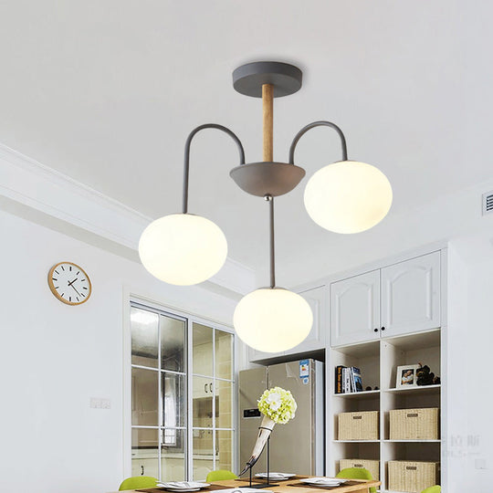 Contemporary Dome White Glass Chandelier - 3/5 Lights - Gray/Green Suspension Light