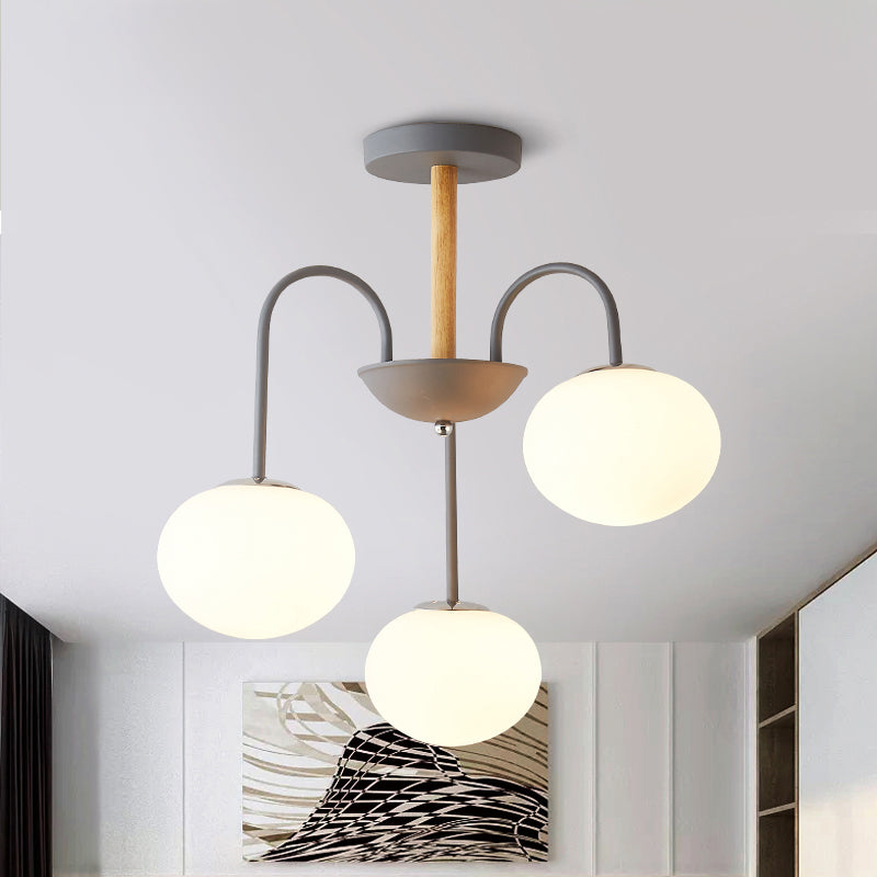 Contemporary Dome White Glass Chandelier - 3/5 Lights - Gray/Green Suspension Light