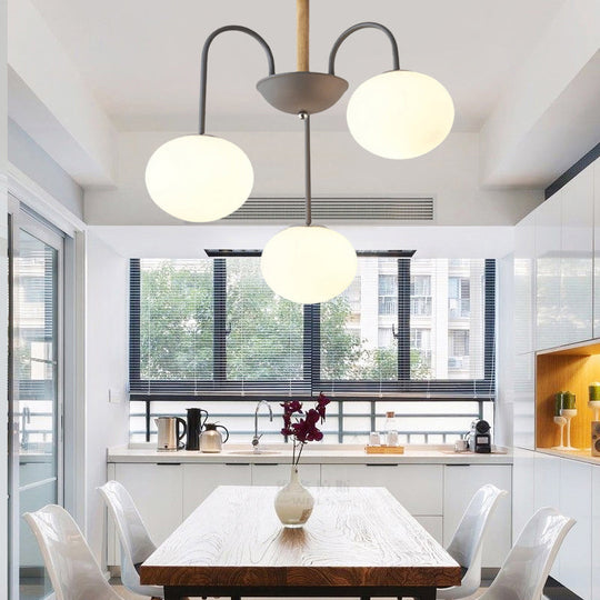 Contemporary White Glass Chandelier With Gray/Green Suspension Light - 3/5 Lights