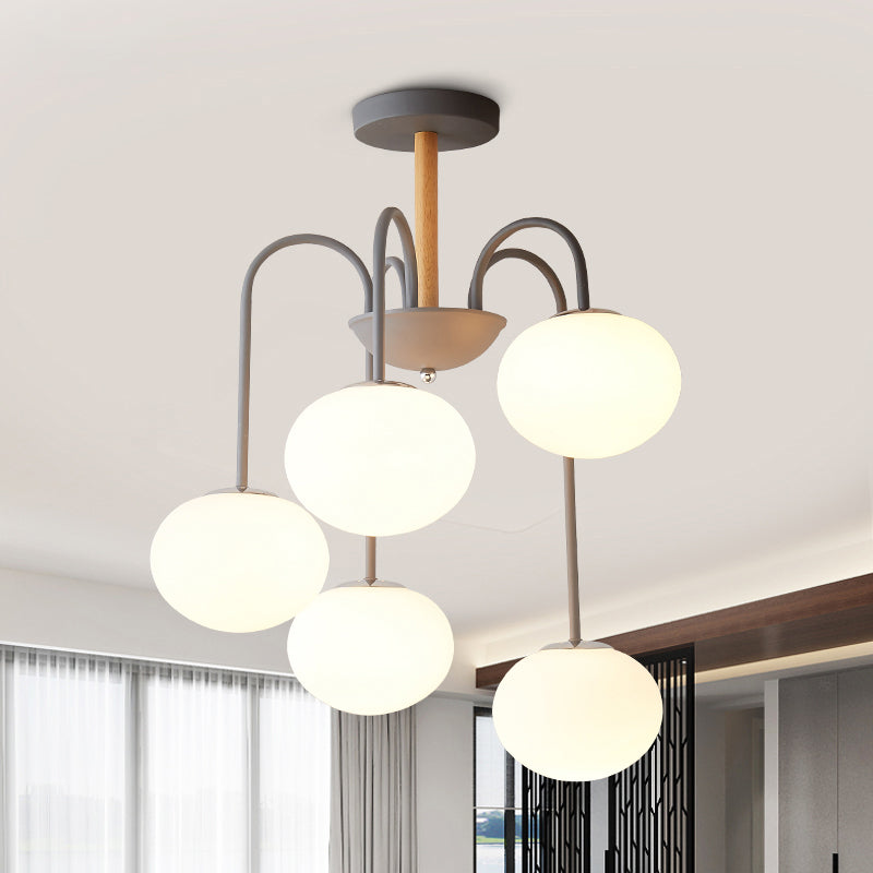 Contemporary Dome White Glass Chandelier - 3/5 Lights - Gray/Green Suspension Light