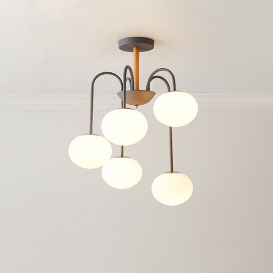 Contemporary Dome White Glass Chandelier - 3/5 Lights - Gray/Green Suspension Light