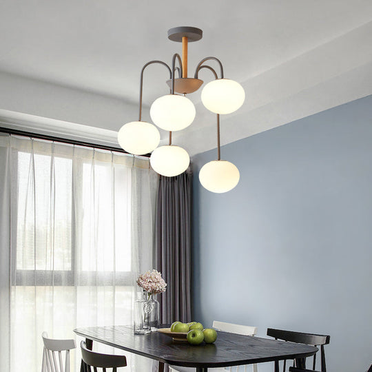 Contemporary Dome White Glass Chandelier - 3/5 Lights - Gray/Green Suspension Light