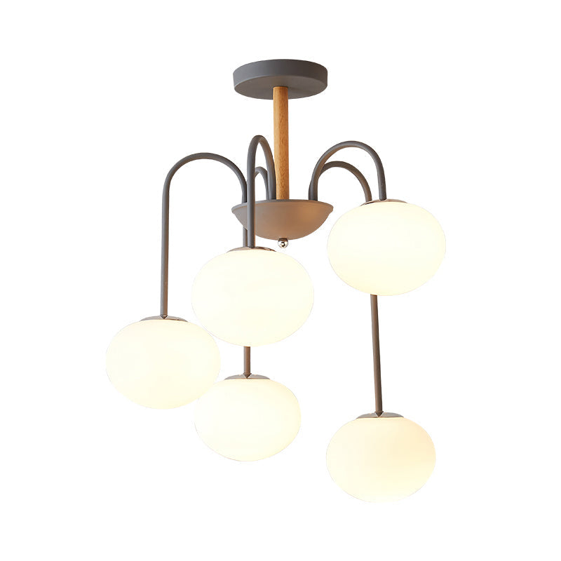 Contemporary Dome White Glass Chandelier - 3/5 Lights - Gray/Green Suspension Light