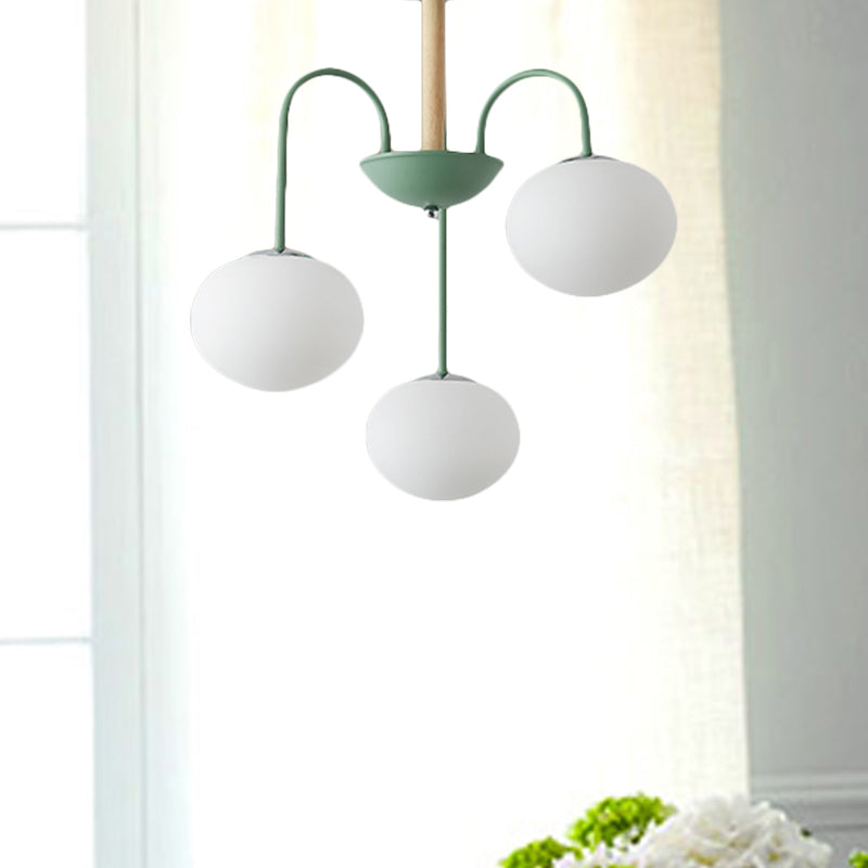 Contemporary White Glass Chandelier With Gray/Green Suspension Light - 3/5 Lights