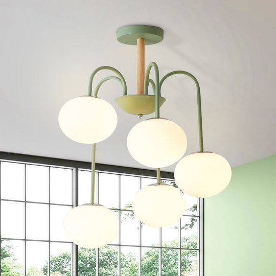 Contemporary Dome White Glass Chandelier - 3/5 Lights - Gray/Green Suspension Light