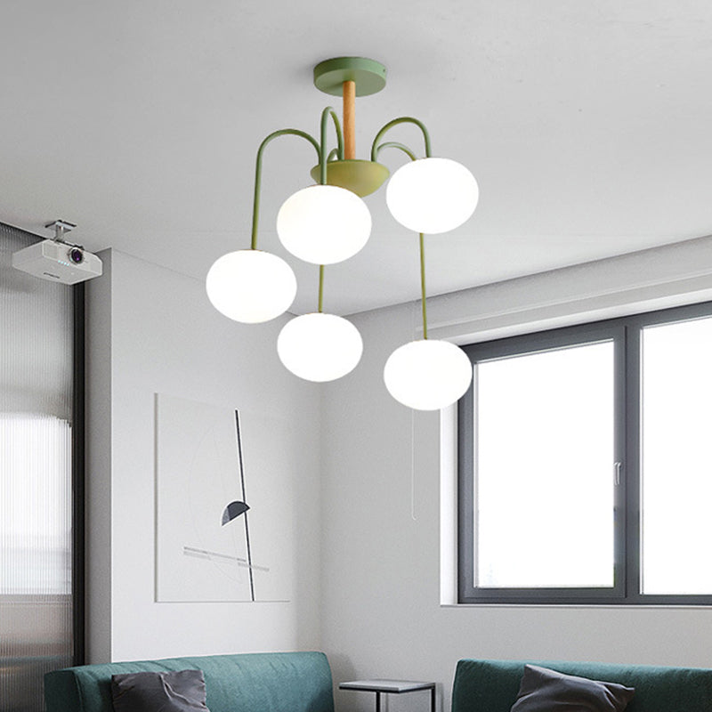 Contemporary Dome White Glass Chandelier - 3/5 Lights - Gray/Green Suspension Light