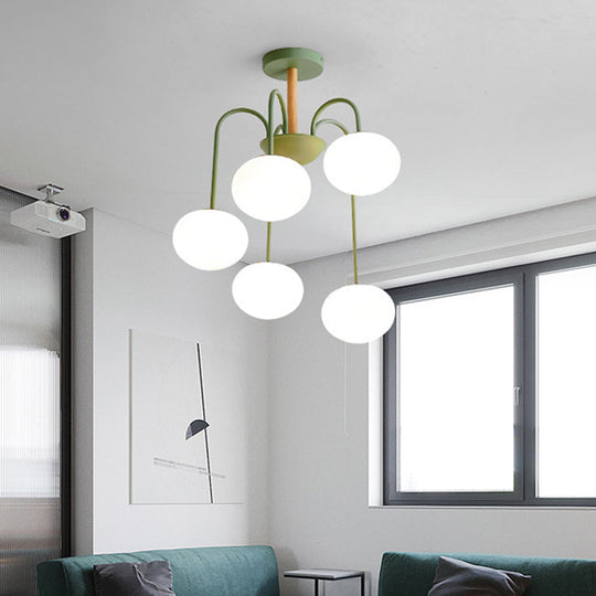 Contemporary Dome White Glass Chandelier - 3/5 Lights - Gray/Green Suspension Light