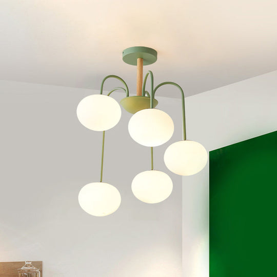 Contemporary Dome White Glass Chandelier - 3/5 Lights - Gray/Green Suspension Light