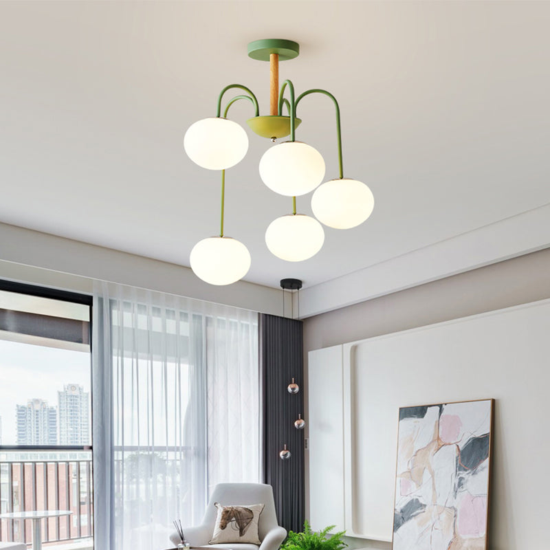 Contemporary Dome White Glass Chandelier - 3/5 Lights - Gray/Green Suspension Light