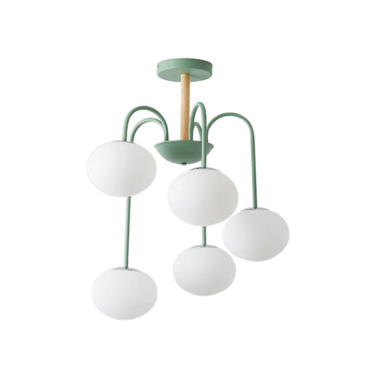 Contemporary Dome White Glass Chandelier - 3/5 Lights - Gray/Green Suspension Light