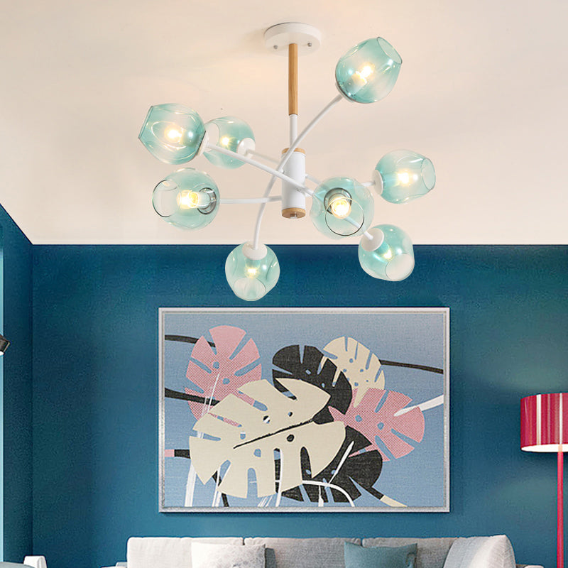 Contemporary Dome Living Room Chandelier: Blue/Tan Glass, 6/8 Lights, Stylish Pendant Light