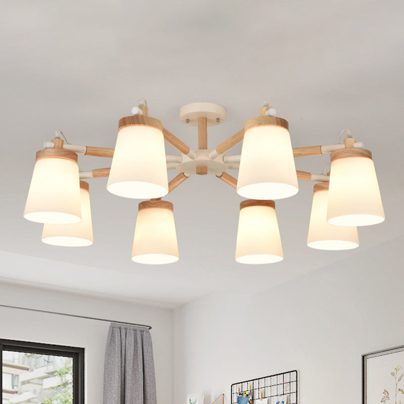 Nordic Style Conical Chandelier - 6/8 Lights White Hanging Light With Frosted Glass Ideal For Living