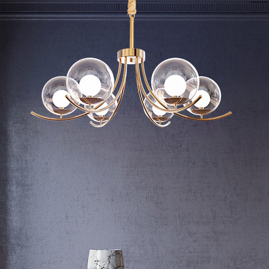 Modern Clear Glass Ball Chandelier With Curved Arm - 6/8/10 Heads Golden Hanging Lamp 6 / Gold