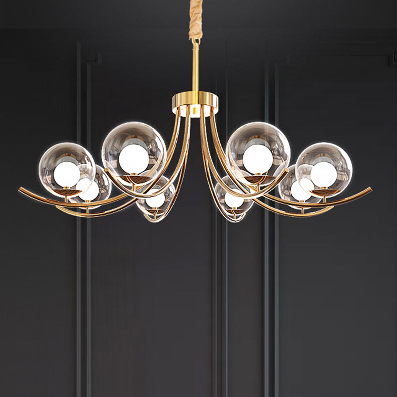 Modern Style Clear Glass Ball Chandelier - Golden Hanging Lamp with Curved Arm (6/8/10 Heads)